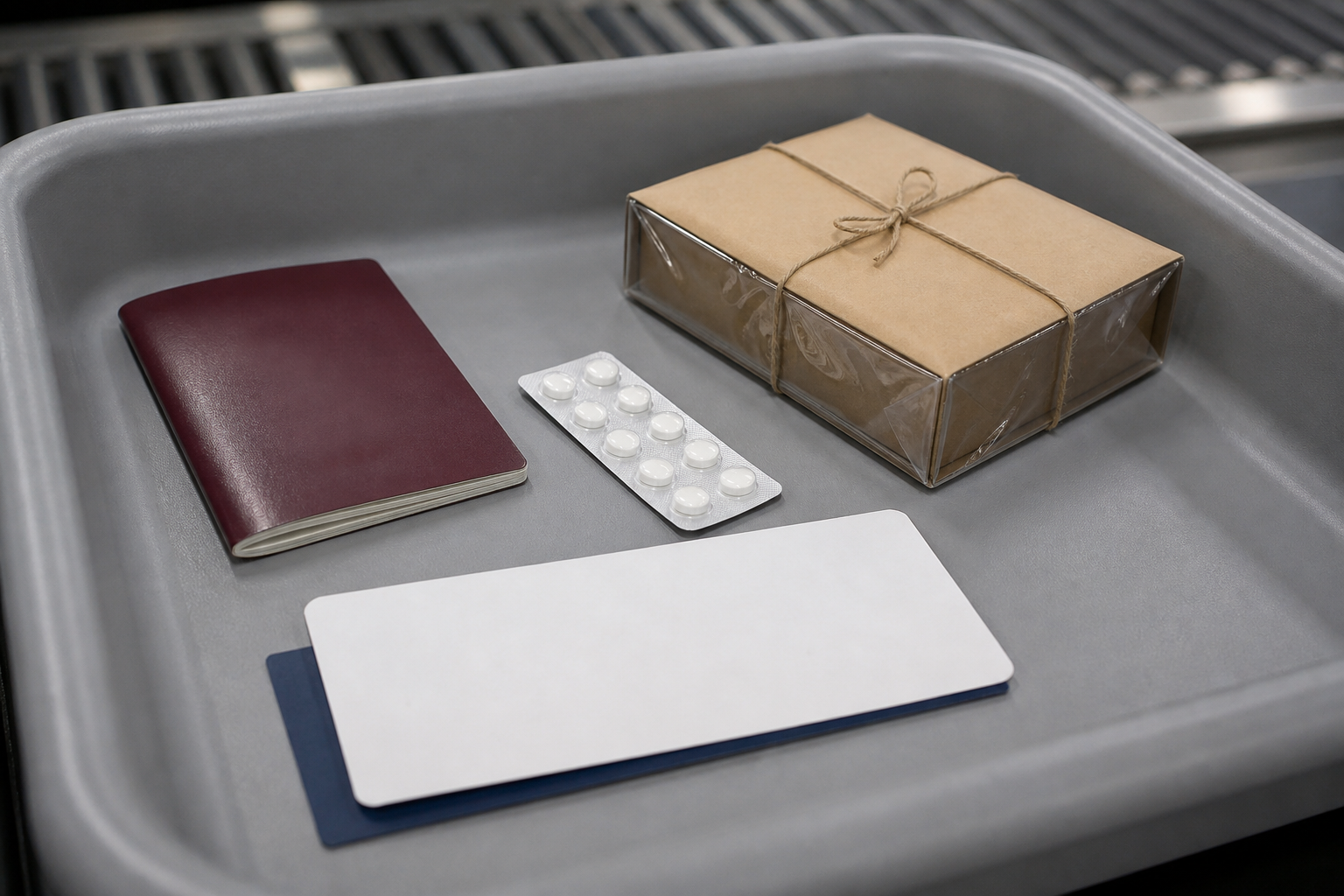 Travel documents and personal items in an airport security tray